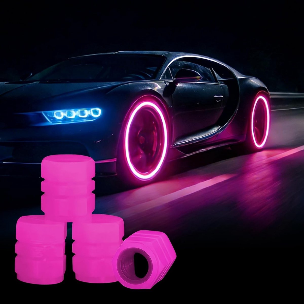 Set van 4 Fluorescerende Ventieldoppen voor Auto Banden - Opvallende Glow in the Dark Bescherming voor Truck, SUV, Motorfiets en Fiets Decoratie (Roze)