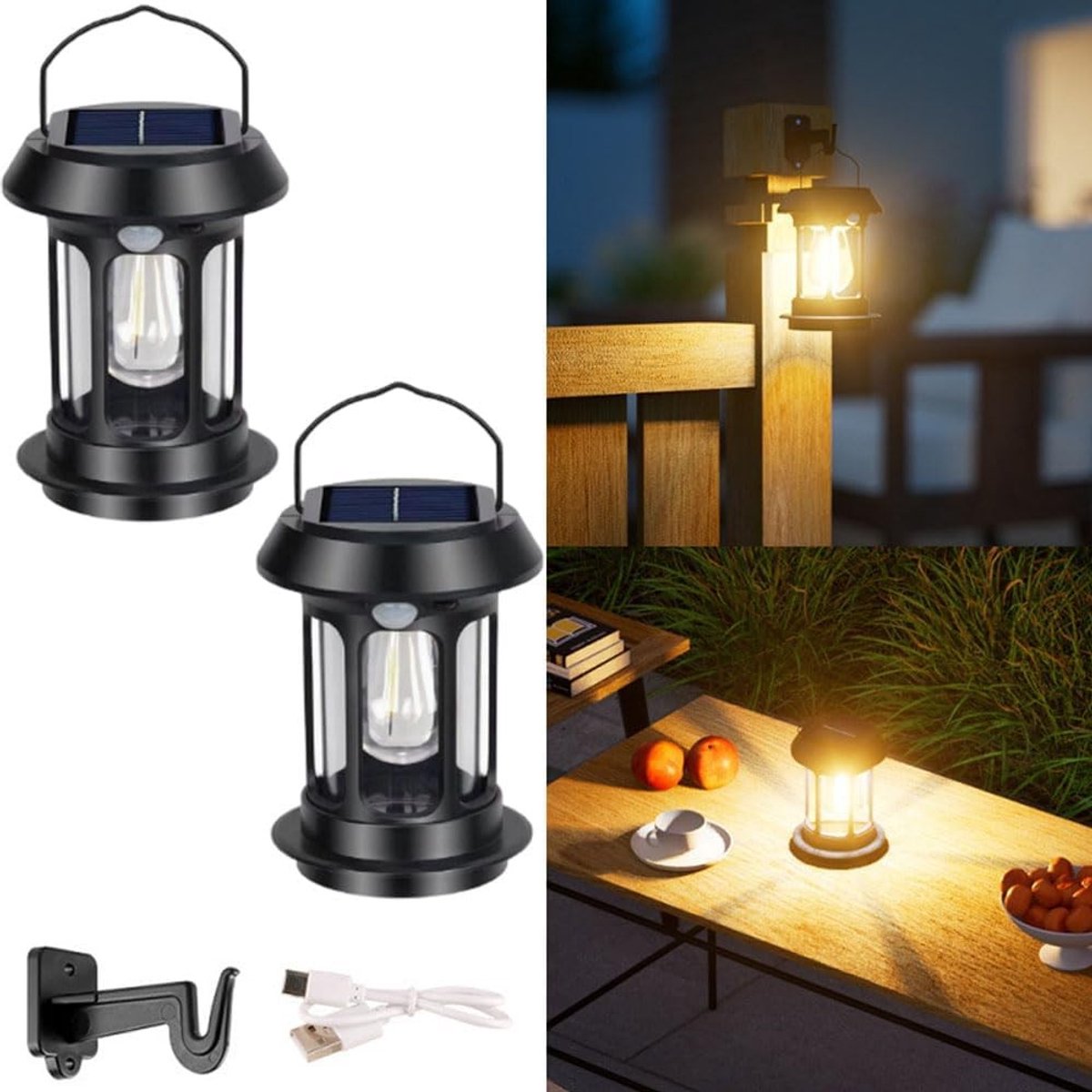 Set van 2 Hangende Zonne-Lantaarns voor Buiten met LED Verlichting en Bewegingssensor - IP65 Waterdicht en Handgrepen voor Tuin en Terras