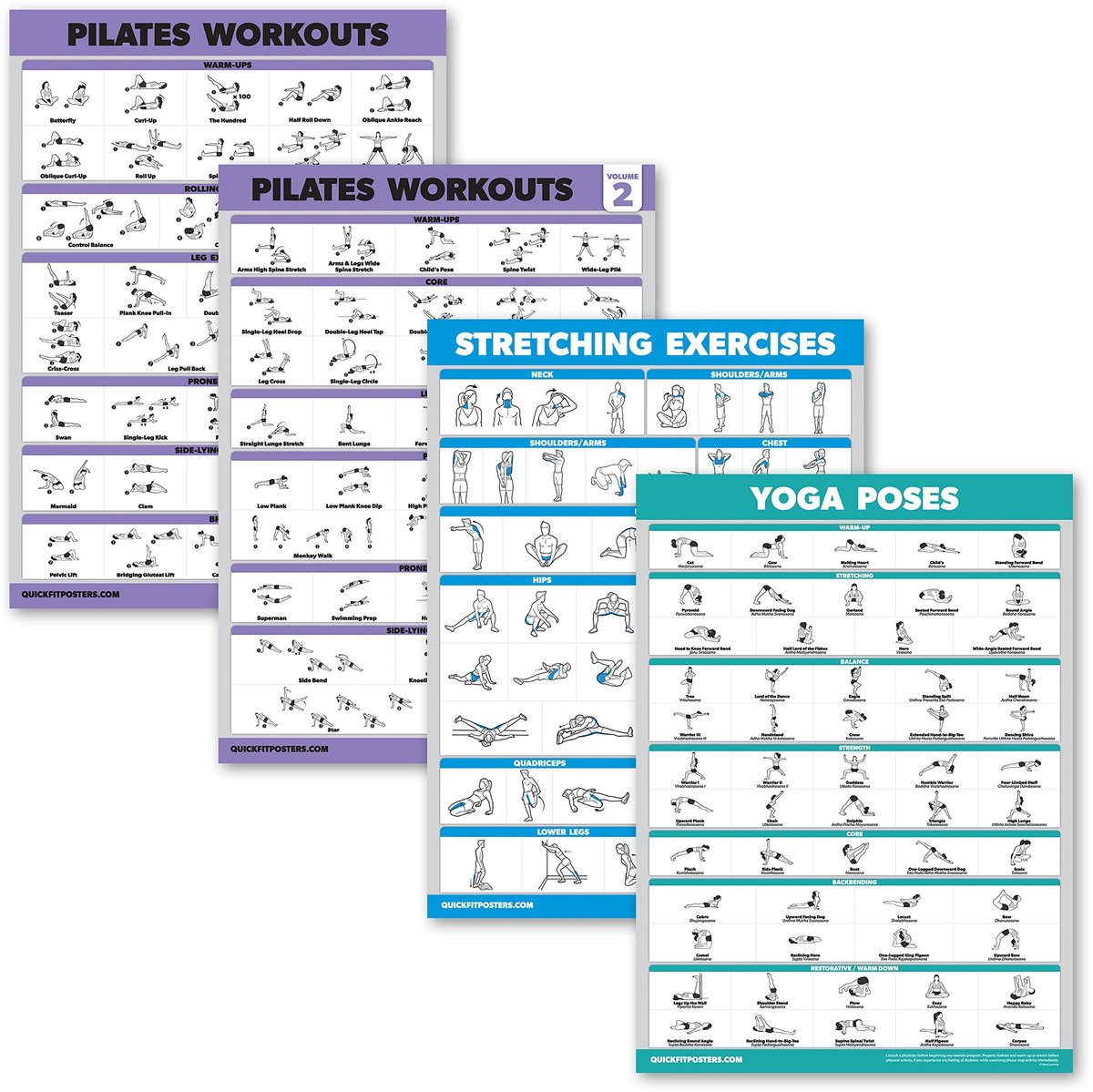 Pilates en Yoga Poster Set - 4 Stuks - Gelamineerd - 18" x 24"
