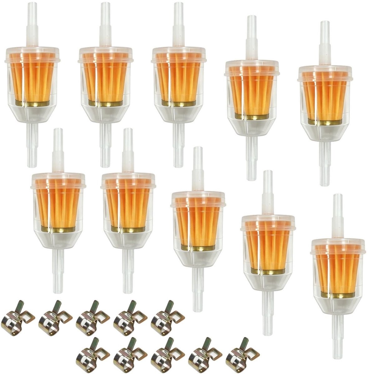 10 Stuks Benzinefilter met Slangklemmen - Geschikt voor 6 mm en 8 mm Slangen