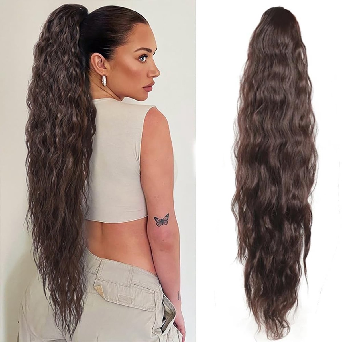 Ponytail Haarstuk - Krullend met Treksluiting - Bruin - 66 cm