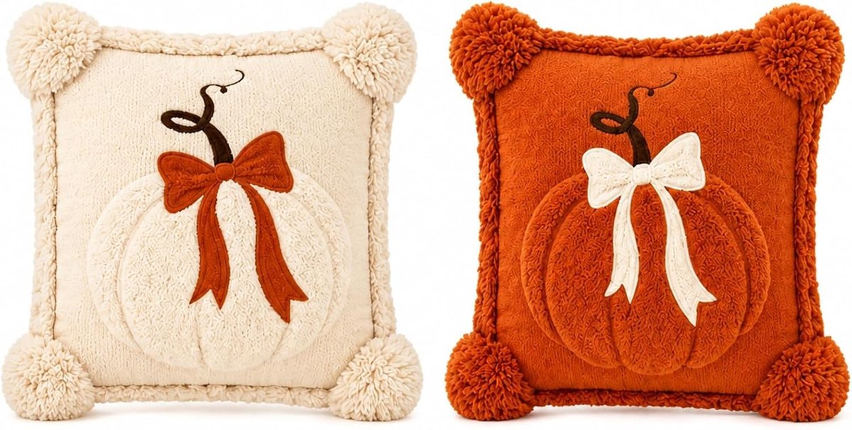 Halloween Kussenhoezen 45x45cm, 2 Stuks Pompoen Ontwerp in Oranje en Wit, Fluffy Decoratie voor Sofa, Bed en Woonkamer, Ideaal voor Herfst en Feestdagen