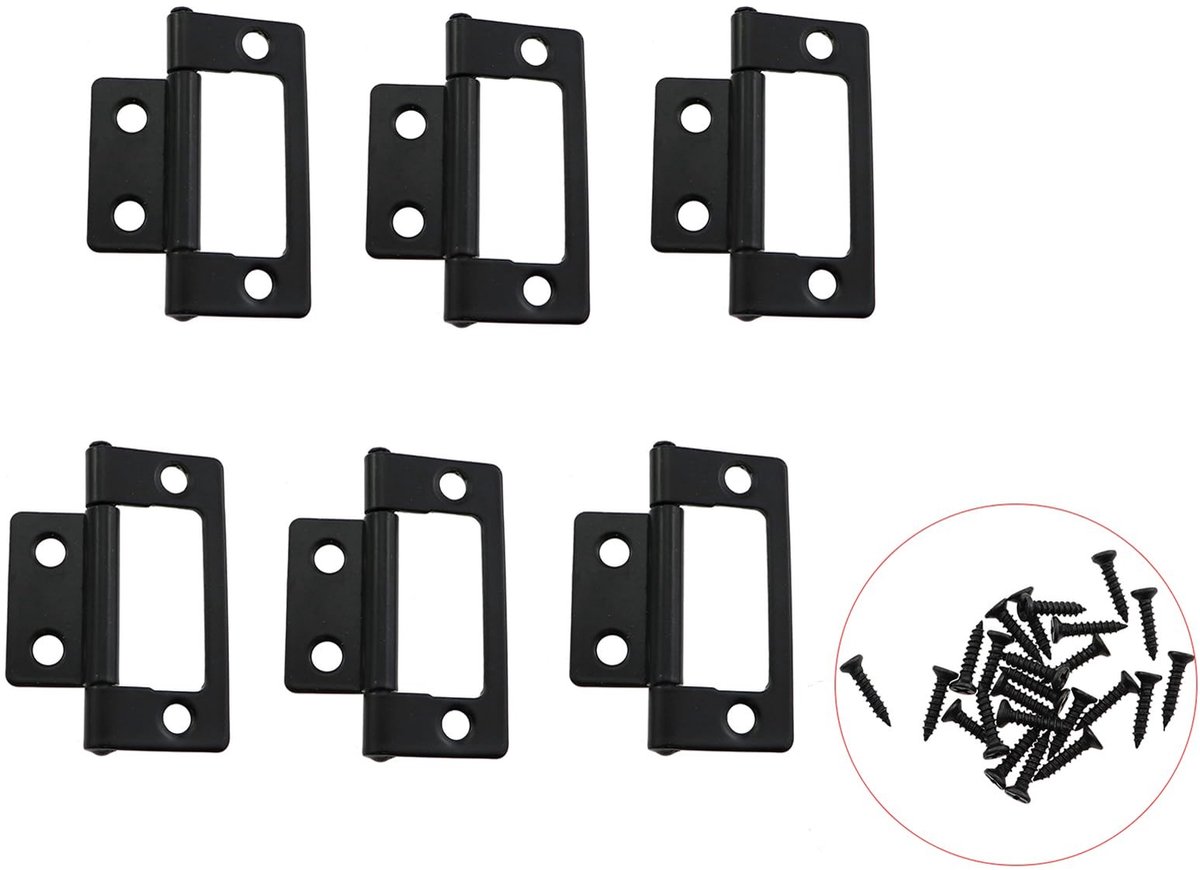 6 Stuks Zwarte Metalen Scharnieren - 51x24mm met Schroeven