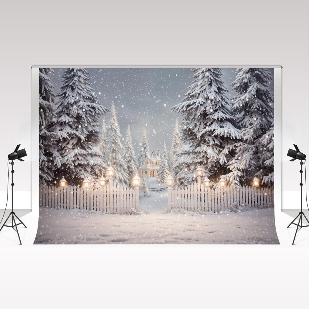 Fotografie Achtergrond - Witte Hekhuis Sneeuw Bokeh - 3x3m voor portretten
