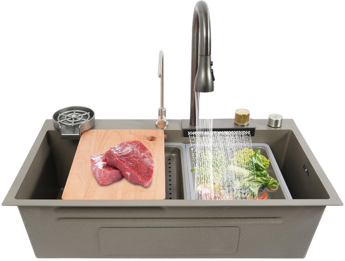 Inbouw Spoelbak met Waterval en 3 Wateruitgangen - 80 x 45 cm