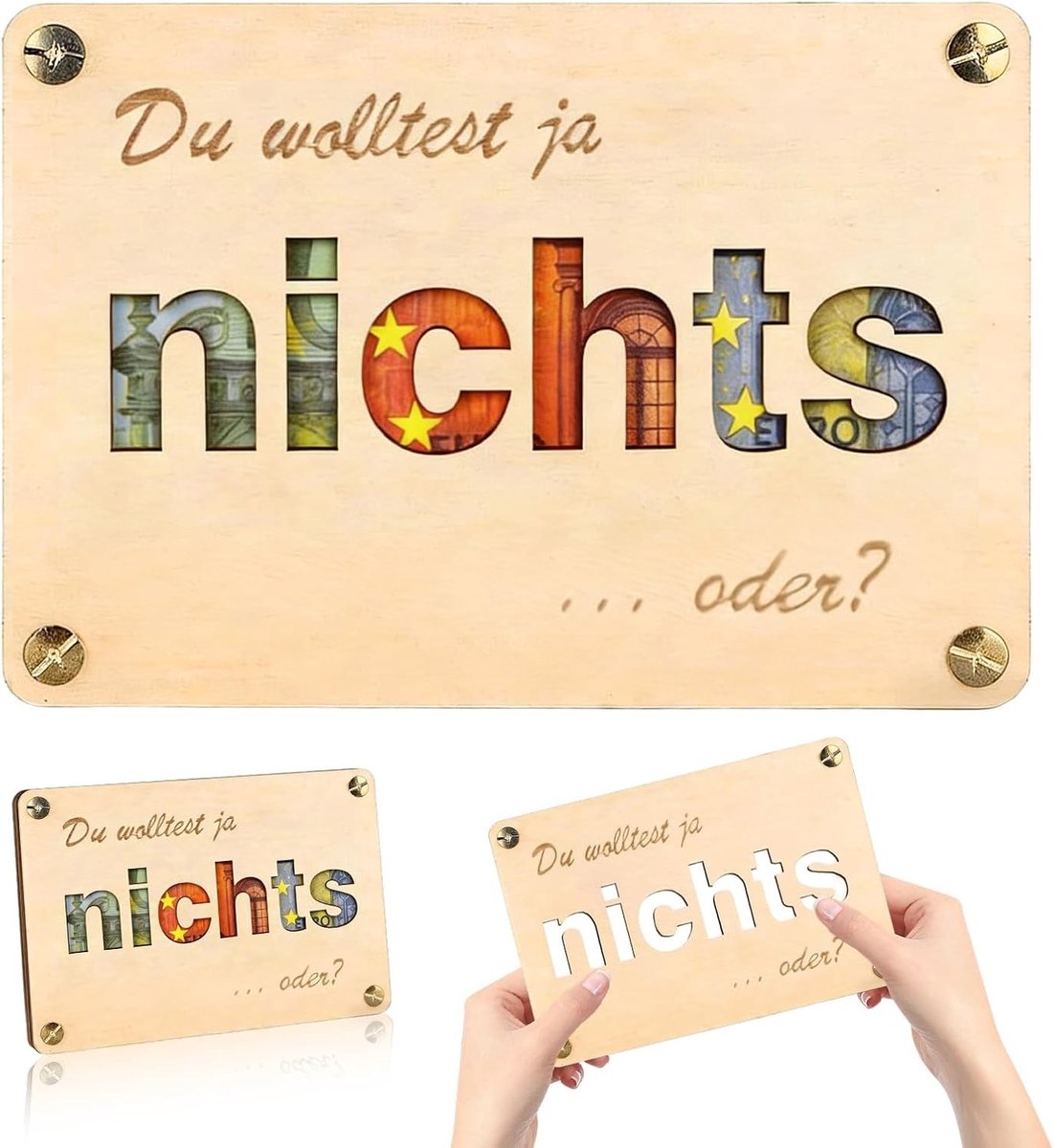 Grappig geldcadeau met houten wenskaart, creatief idee voor verjaardag, bruiloft en reizen, perfect voor iedereen die niets wil ontvangen