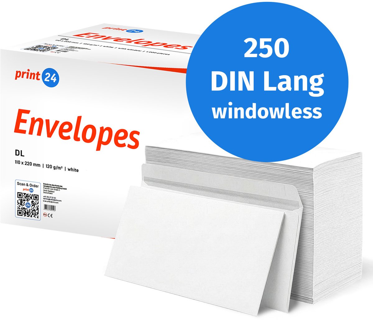 NIEUW: print24 Enveloppen zonder venster, DIN Lang, onbedrukt, 250 stuks