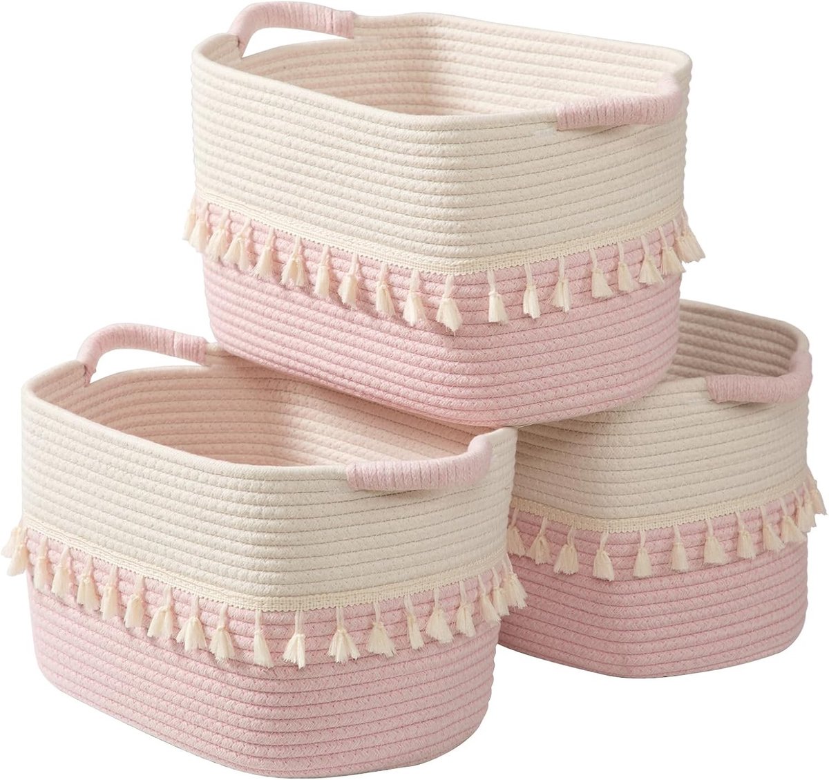 Set van 3 Gevlochten Opbergmanden met Hengsels voor Wasgoed, Dekens en Speelgoed - Decoratieve Mand voor Woonkamer, Slaapkamer en Badkamer in Wit en Roze
