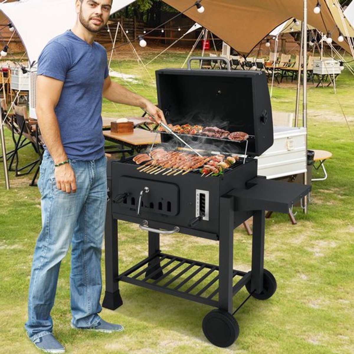 Buitenbarbecue Houtskool - 544 Sq.in Kookoppervlak - 3-5 Personen - IJzer - Met Opklapbare Zijtafels