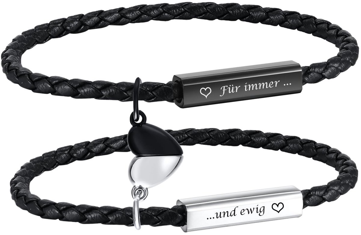 Koppel Armbanden - Engraving Leer - Zilver en Eeuwige Rood