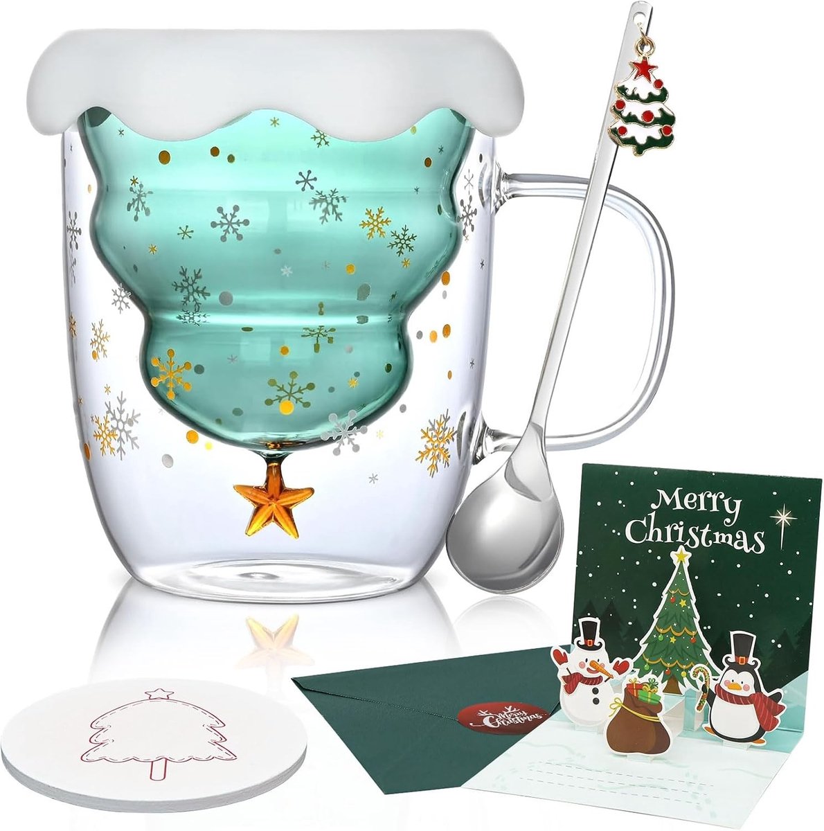 Dubbelwandige Koffiemokken 300 ml met Deksel, Lepel en Onderzetter - Schattige Kerstboom Mokken voor Cappuccino, Latte en Thee