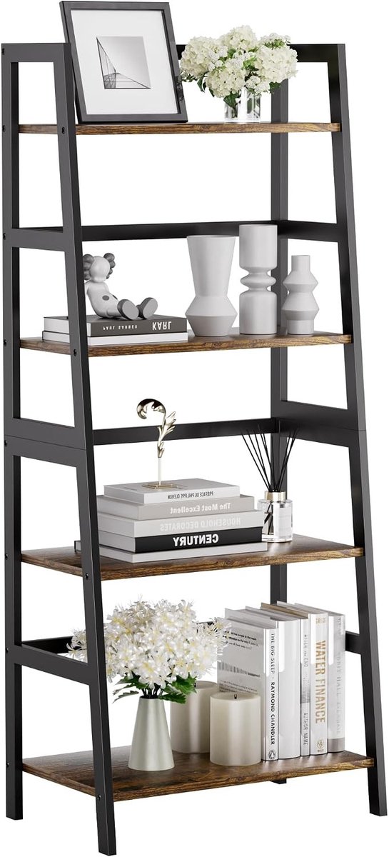 Ladderplank met 4 Niveaus, Vrijstaande Boekenplank voor Badkamer en Opslagruimte, Modern Design en Multifunctioneel Gebruik