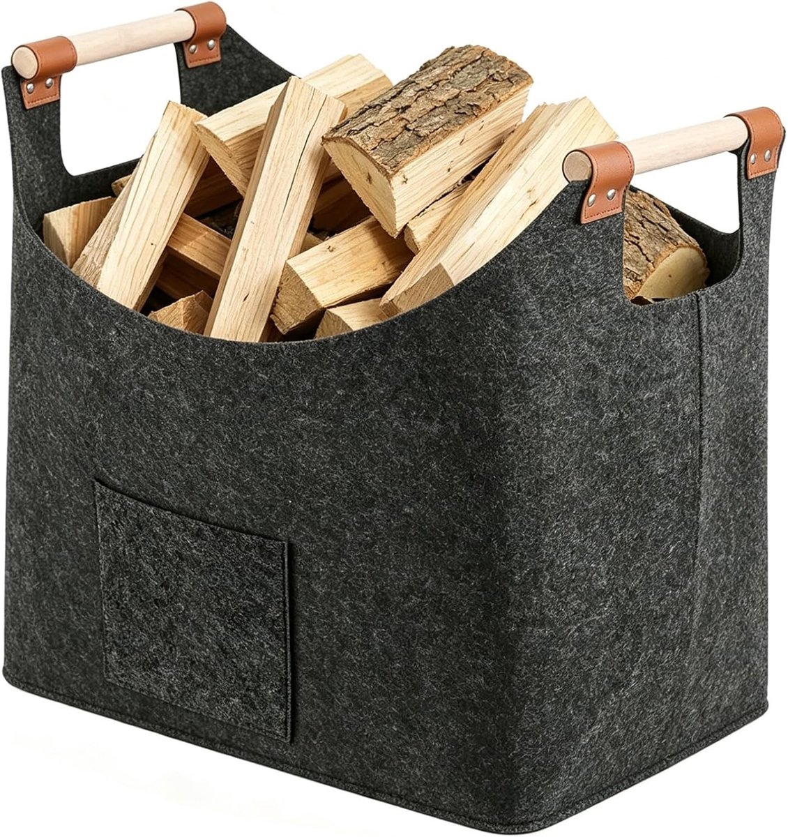 Grote Houten Haardhoutmand van Extra Dikke Vilt, 60 Liter, Vouwbaar en Duurzaam voor Transport en Opslag, 45 x 32 x 40 cm, Ideaal voor Open Haard en Tuin