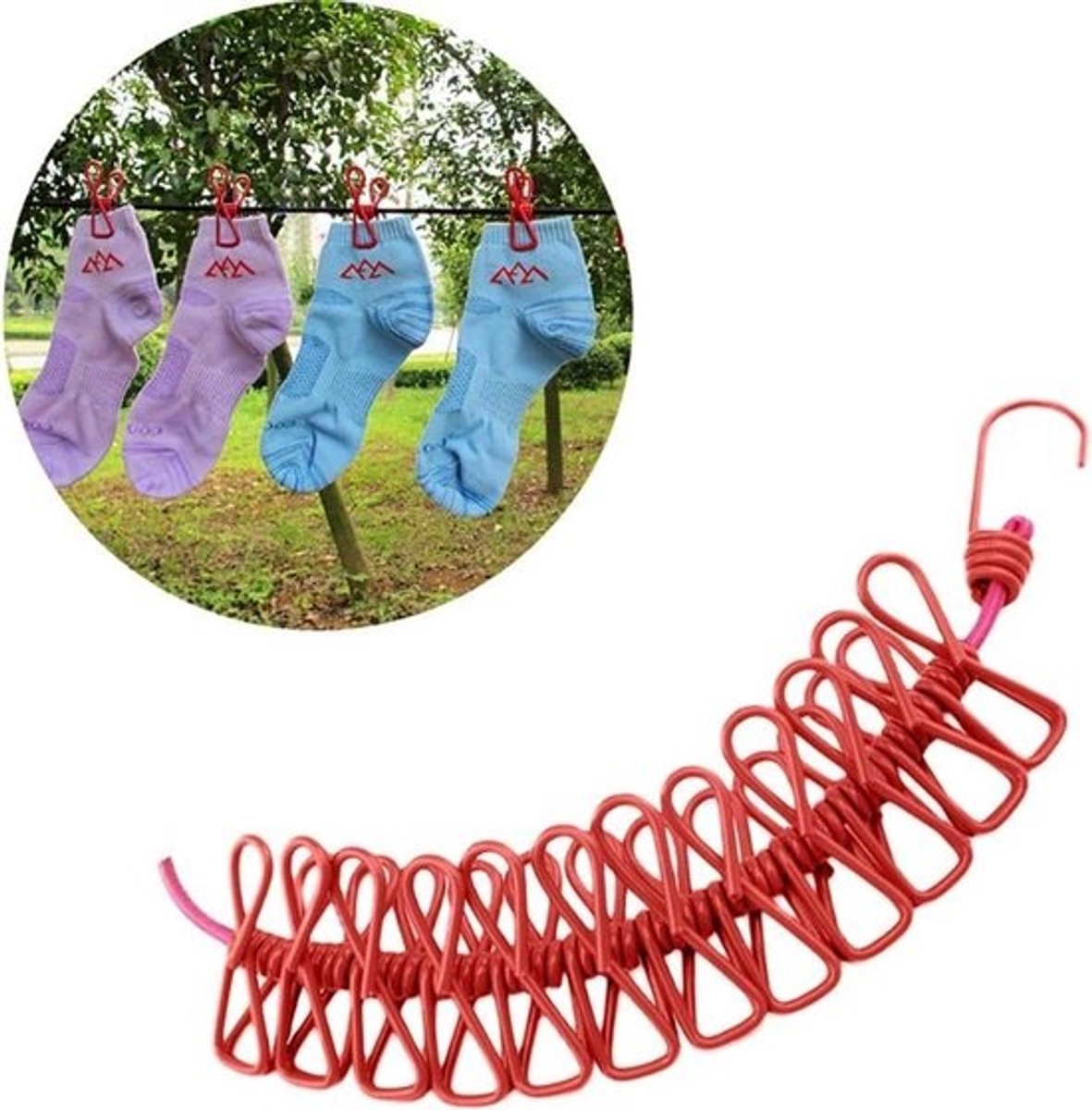 Reis Waslijn - Draagbare Kledinglijn - Kleding Drogen - Met Klemmen - 3 Meter - Rood