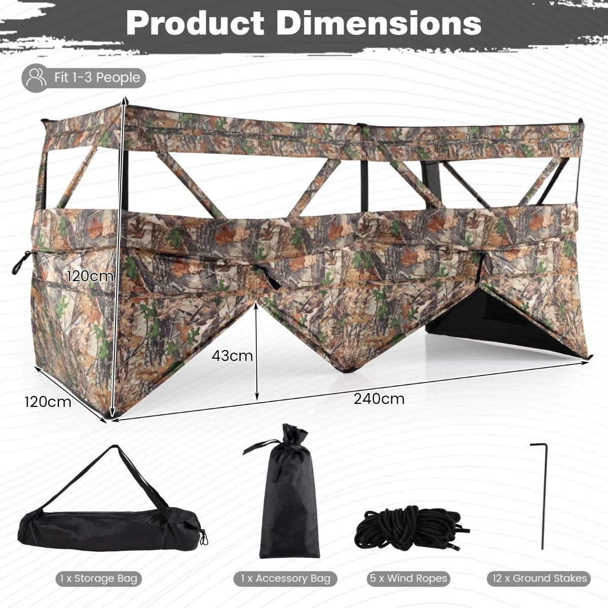 SureDeal® - Kamper - Jachtverstek Doorzichtig Jachtrolgordijn - Hondendeur - Draagtas Pop Vloerrolgordijn - 240x120x120 cm - Camouflagepatroon