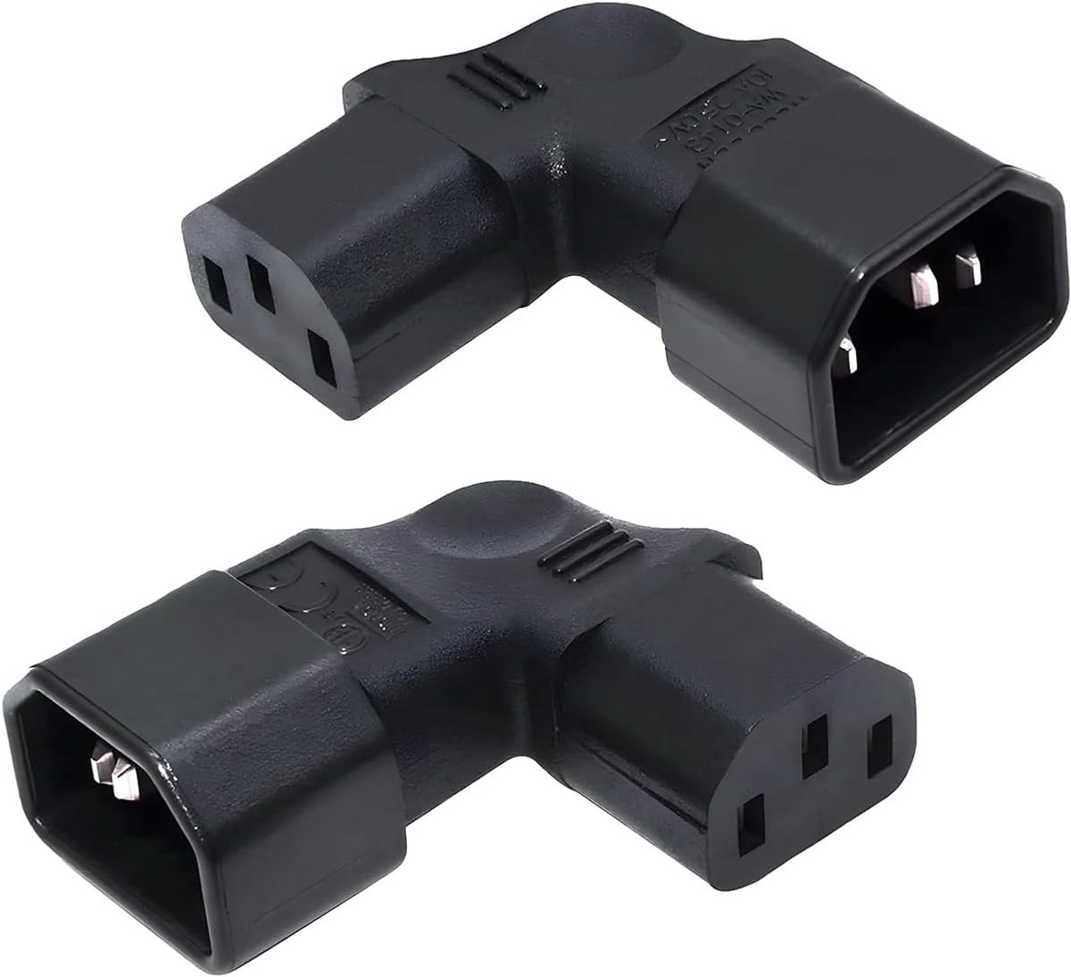 Set van 2 rechte hoek adapters IEC C14 naar C13, 3-pins stekker 250V 10A voor monitors en servers, ideaal voor ruimtebesparing en kabelbeheer