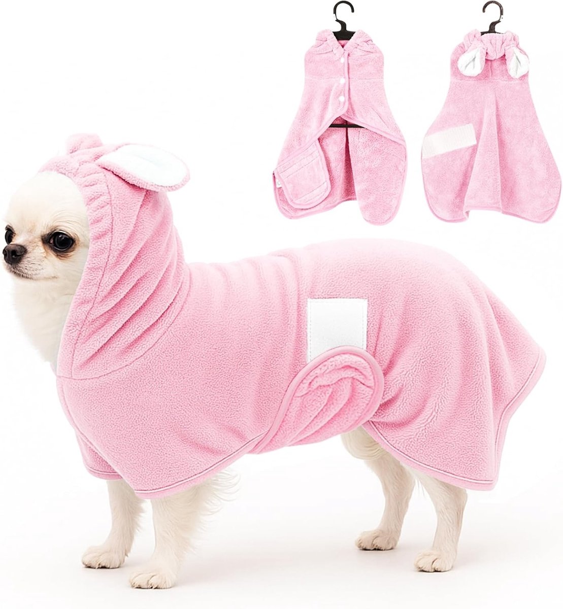 Schattige microvezel badjas voor honden en katten, snel drogend en super absorberend met capuchon en verstelbare kraag voor huisdieren van XS tot XL (Roze, S)
