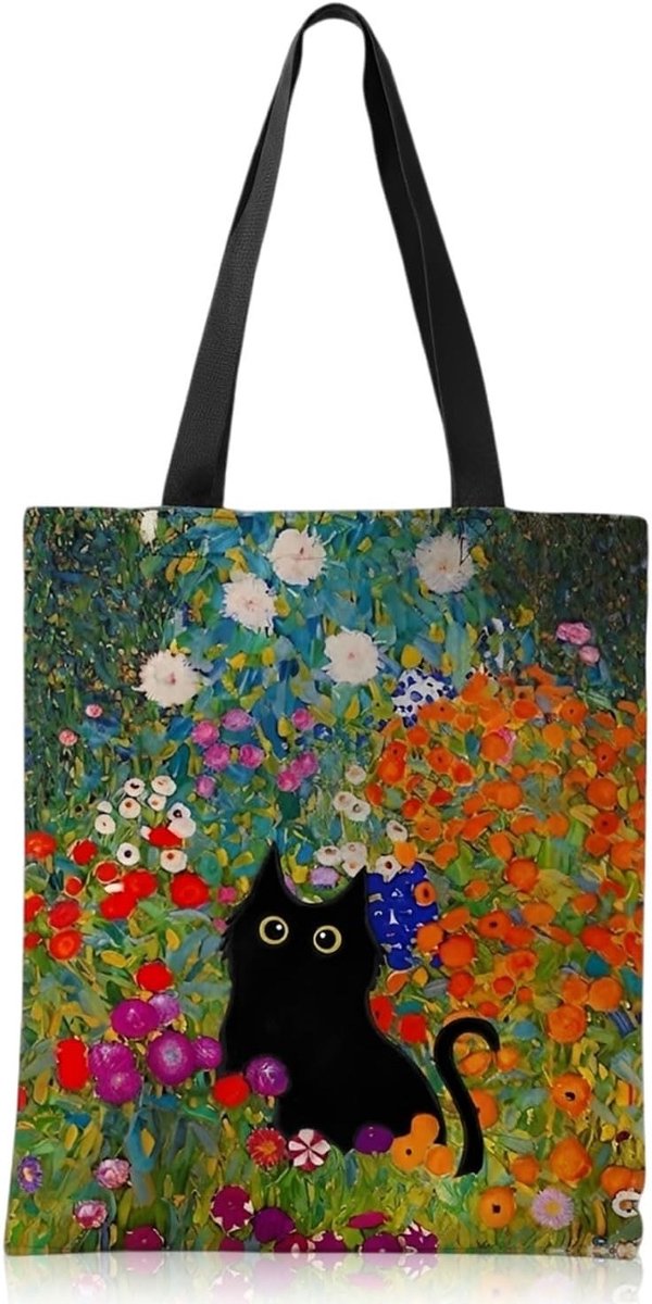Aesthetische stofzak met zwarte kat, praktische boodschappentas met drukknoopsluiting, ideaal als cadeau voor kattenliefhebbers en moeders