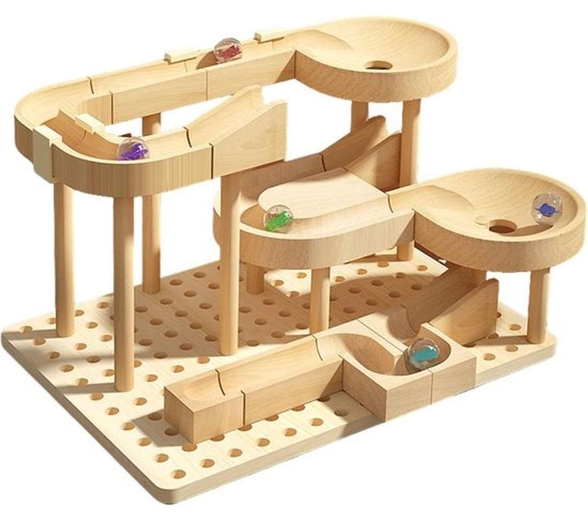 Knikkerbaan Kinderen - Doe-het-zelf Bouwset - Creatief Spelen - Traagheidsaandrijving - 225 x 165 cm - Houtkleur
