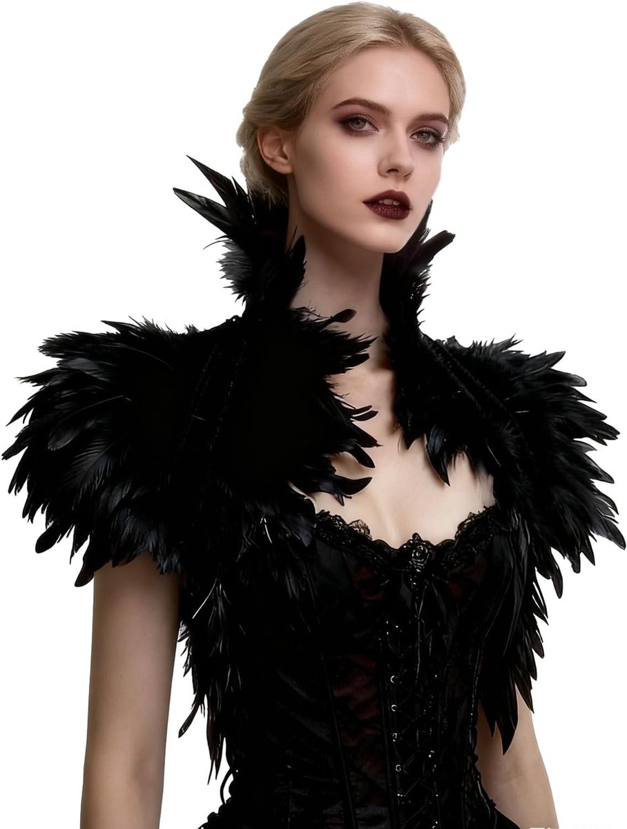 Victoriaanse Natuurlijke Veer Sjaal Schoudercape met Gothic Kraag voor Halloween Kostuum, Zwart, One Size