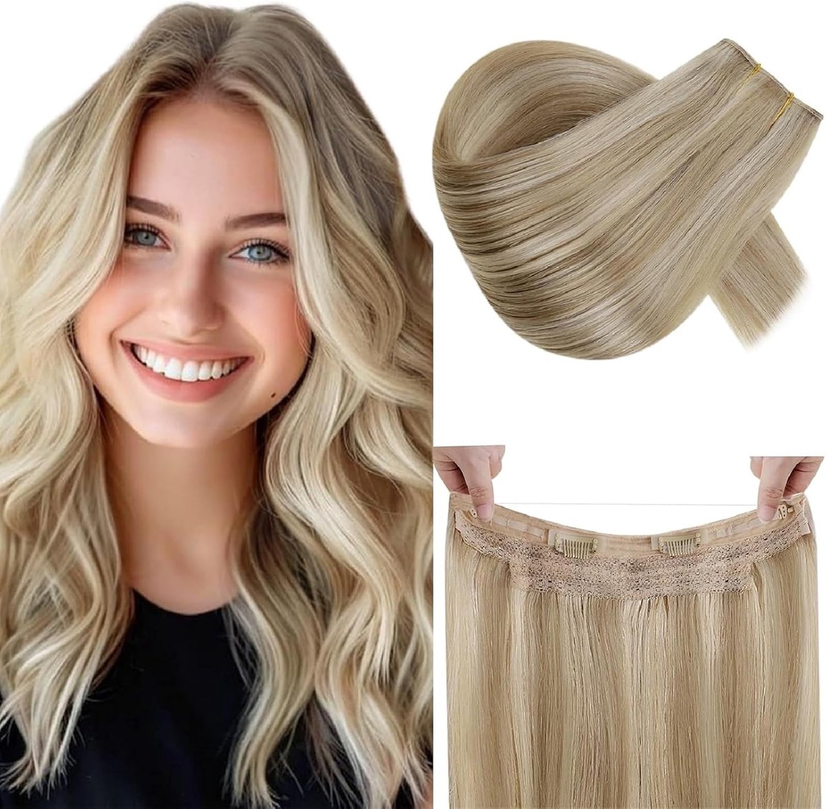 Geheime Draad Haarextensions van Echte Mensenhaar met Blonde Highlights en Donkerblond, 20 Inch, 100g, Onzichtbare Draad