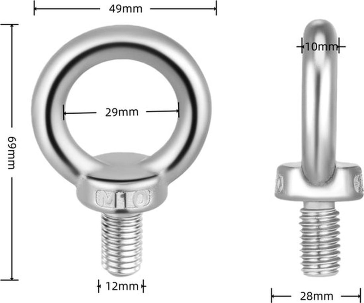 4 stuks - roestvrijstalen hijsoog bouten - zware hijsoog bouten - Schouder Oogbouten - voor hijsen, vastzetten en industrieel gebruik - 69×49mm - zilver