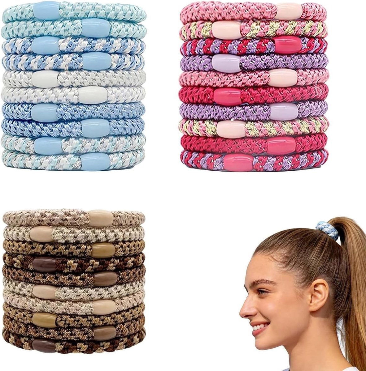 Set van 30 Elastische Haarknippen, Zachte Gevlochten Haarbanden in Blauw, Bruin en Lichtblauw, Sterke Rekbare Haarbanden voor Dikker en Krullend Haar, Ideaal voor Sport en Dagelijks Gebruik
