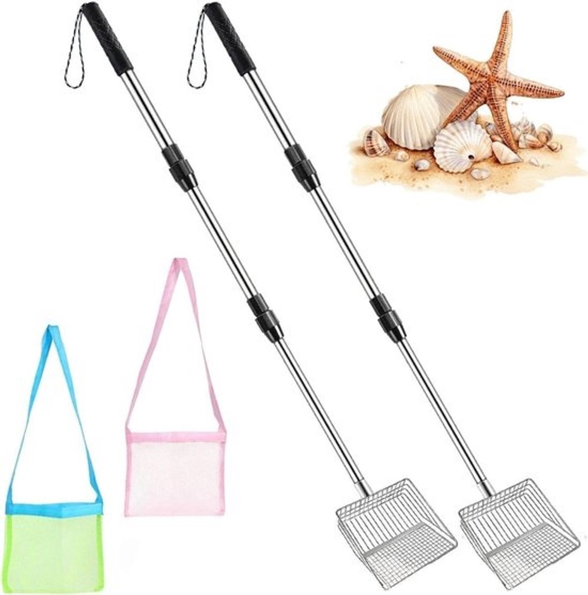 Zandzeef Uitschuifbaar - Strandschep Schelpenzeef - Strandjutten Schelpen Verzamelen - Verstelbare Steel Waterdicht Gaas - 58-105 cm - Niet gespecificeerd