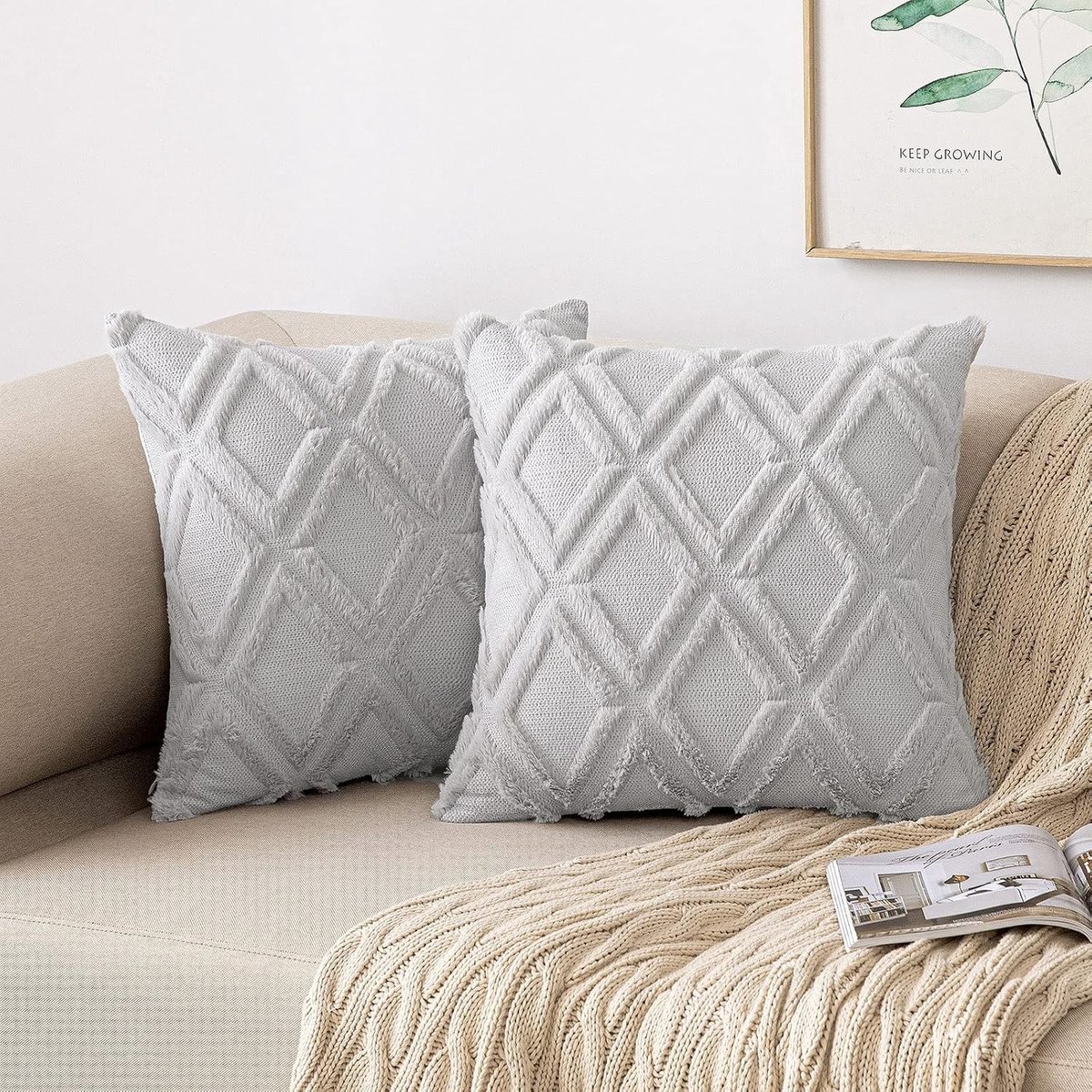 Set van 2 Boho Kussenhoezen van Wol en Velours voor Sofa en Slaapkamer - Decoratieve Kussens 40 x 40 cm Lichtgrijs, Comfortabel en Stijlvol