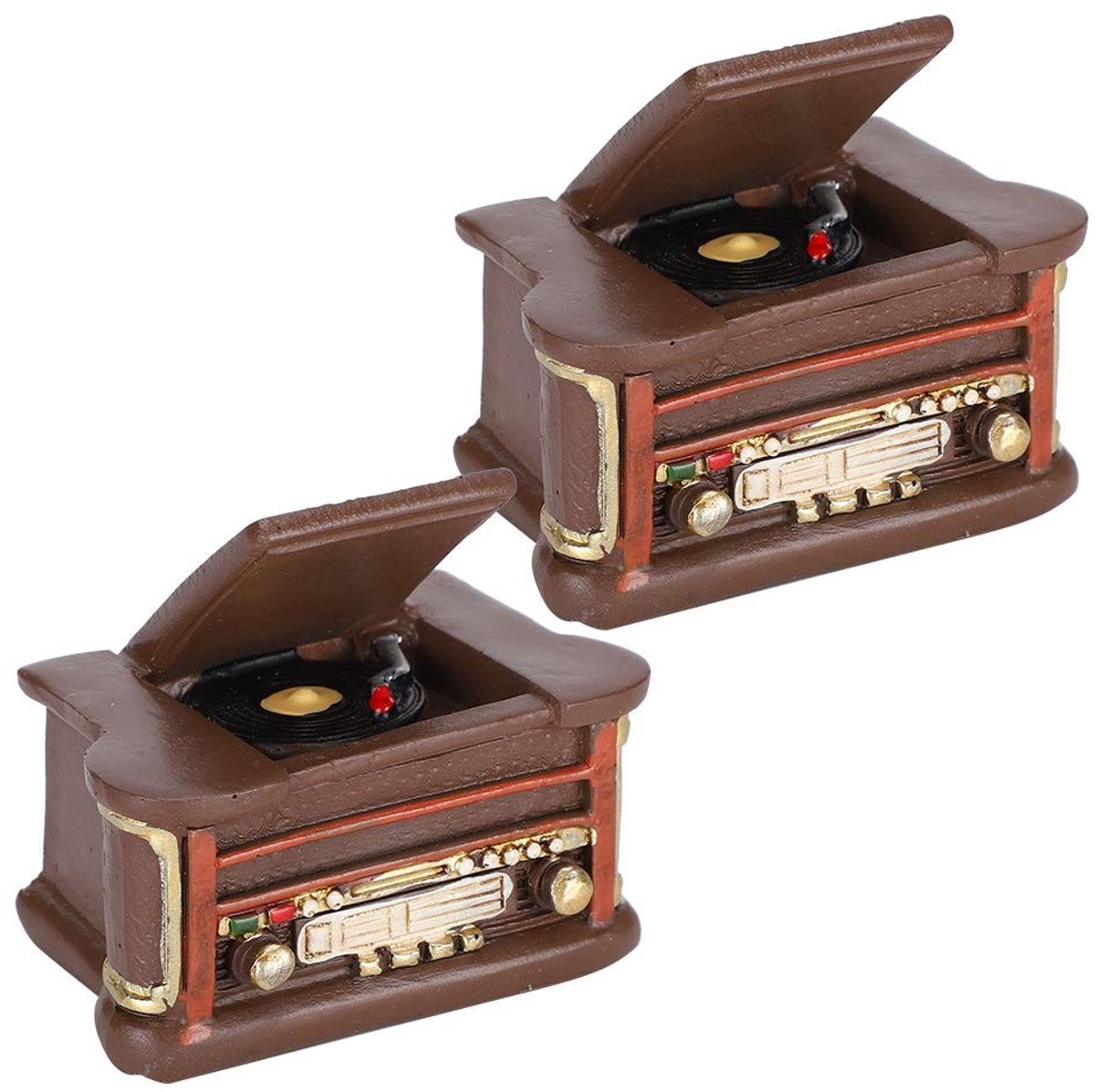 Vintage Fonograaf Decoratie - Set van 2 Mini Ornamenten van Hars