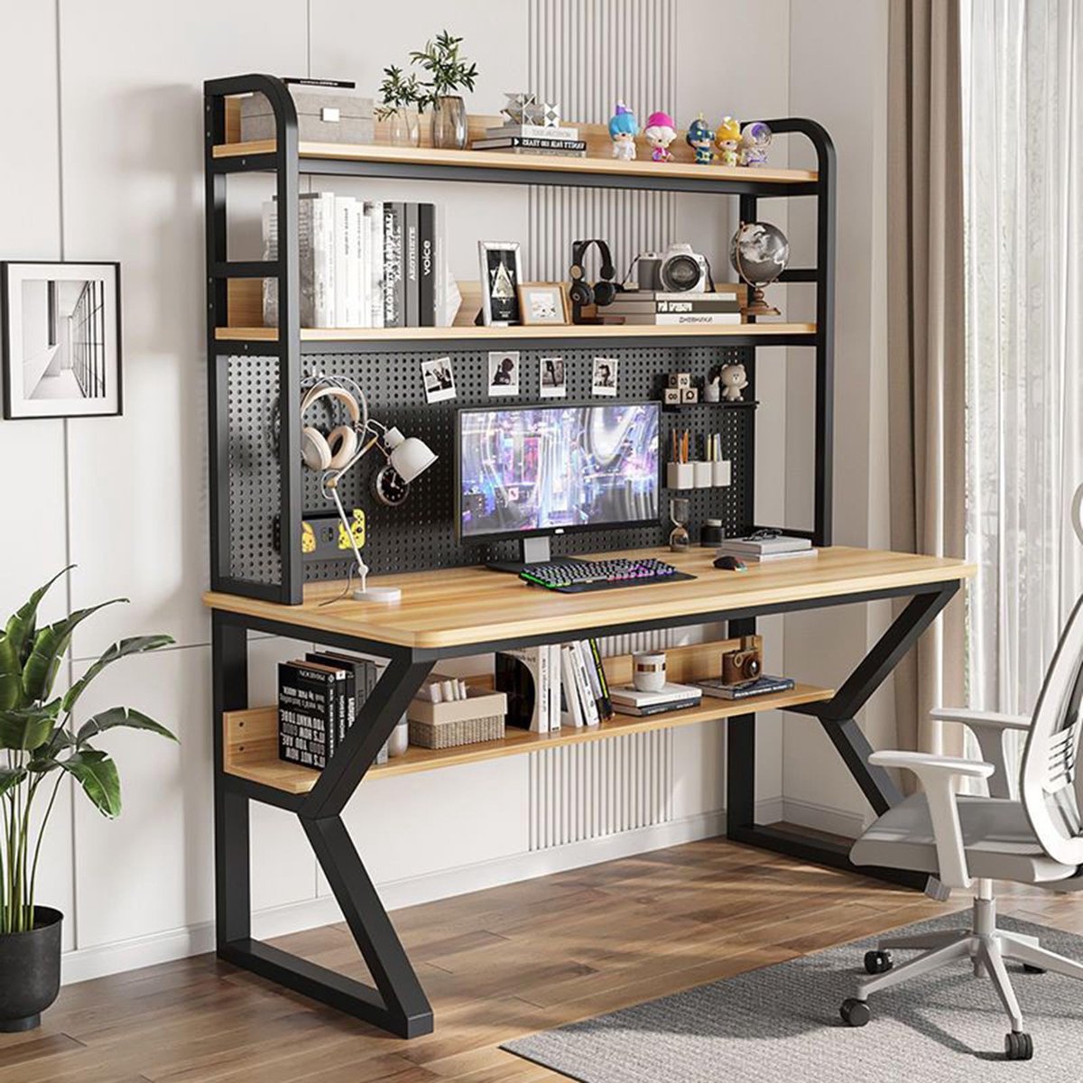 Computerbureau met opbergruimte en boekenplank - Zwart hout