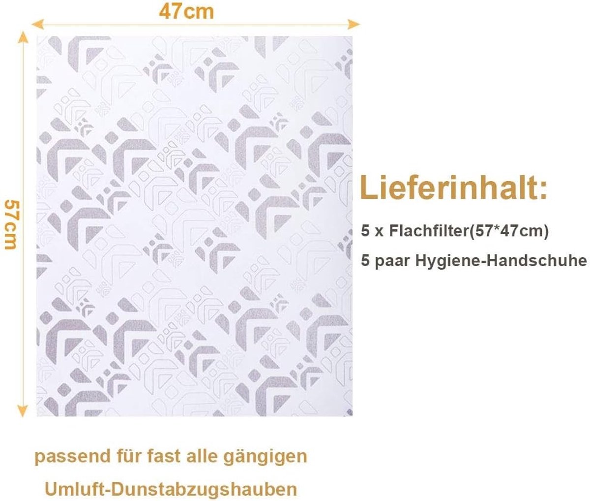 Filter voor afzuigkap, 57 x 47 cm, op maat te knippen, inclusief 5 paar wegwerphandschoenen, ideaal voor keukenreiniging en vetabsorptie