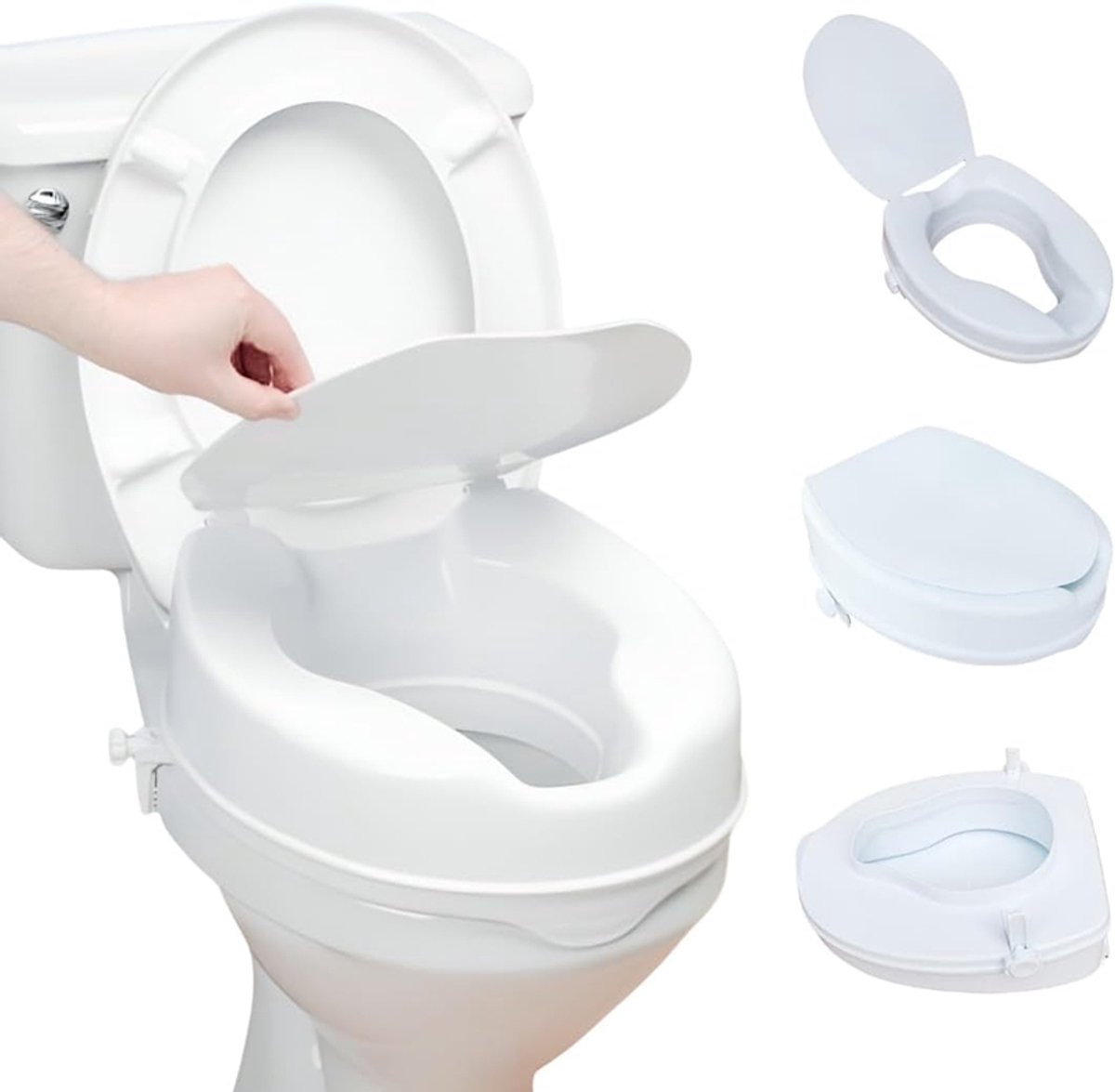 Toiletverhoger met Deksel - Verhoogde Toiletzitting 10 cm - Tot 136 kg - Dubbele Vergrendeling - Montage Zonder Gereedschap - Voor Ouderen