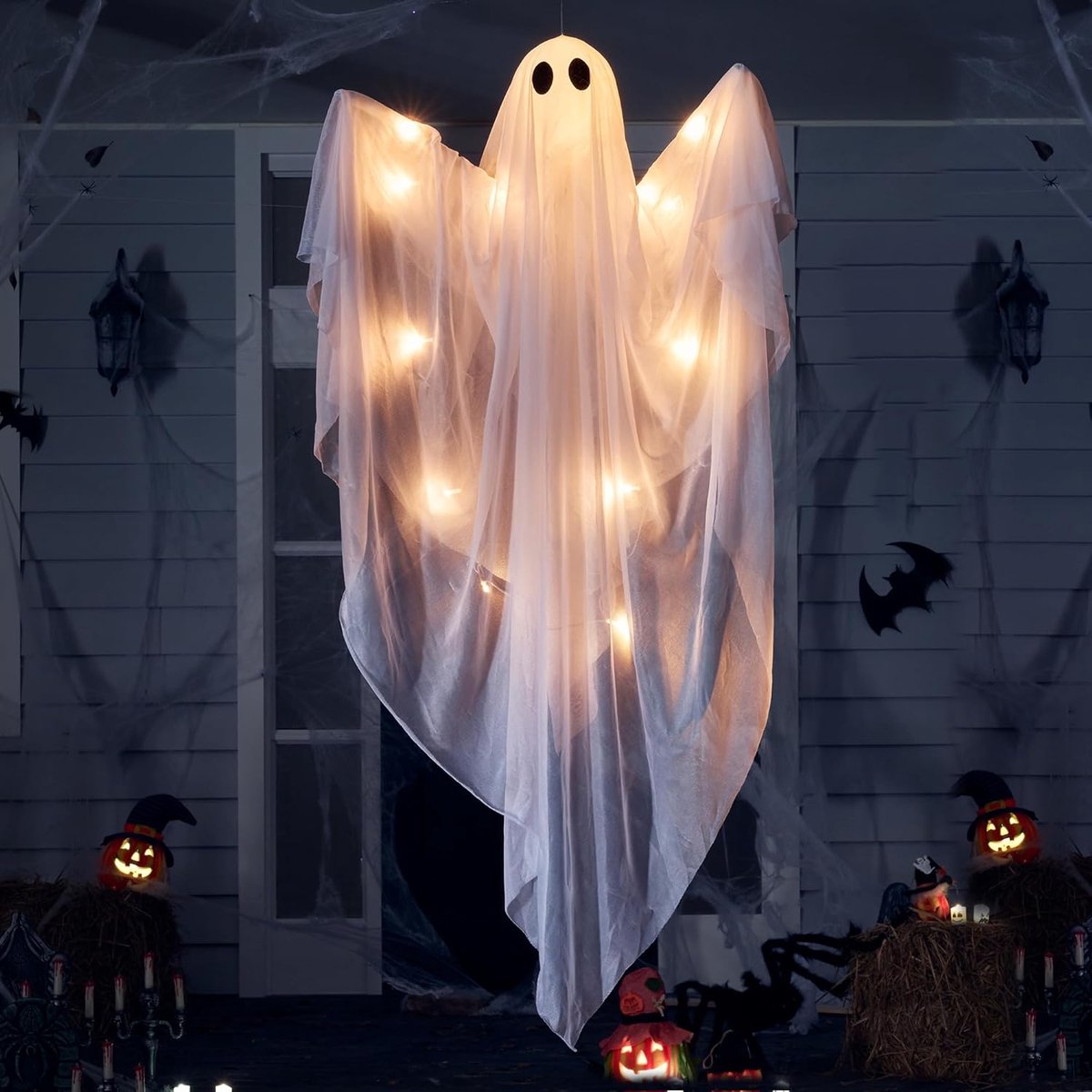 Hangende Lichtgevende Halloween Geest - 120cm Witte Geesten - met Warm‑Witte LED‑Verlichting - Hangdecoratie - voor Voortuin, Terras, Gazon, Tuin en Feestjes - voor Binnen en Buiten