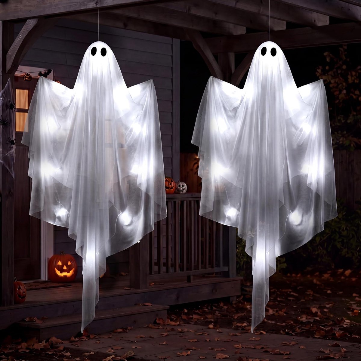 2 Stuks 120cm Hangende Lichtgevende Halloween Geestdecoraties - Koud‑Witte Vliegende Lichtgevende Geesten - Spookhuis Prop - Decoratie voor Voortuin, Terras en Feestjes - voor Binnen en Buiten