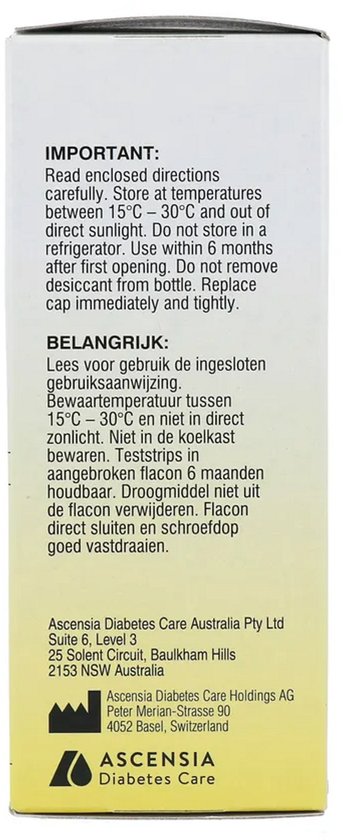 Verpakking met instructies voor Ketostix teststrips, in het Engels en Nederlands. Ascensia Diabetes Care.