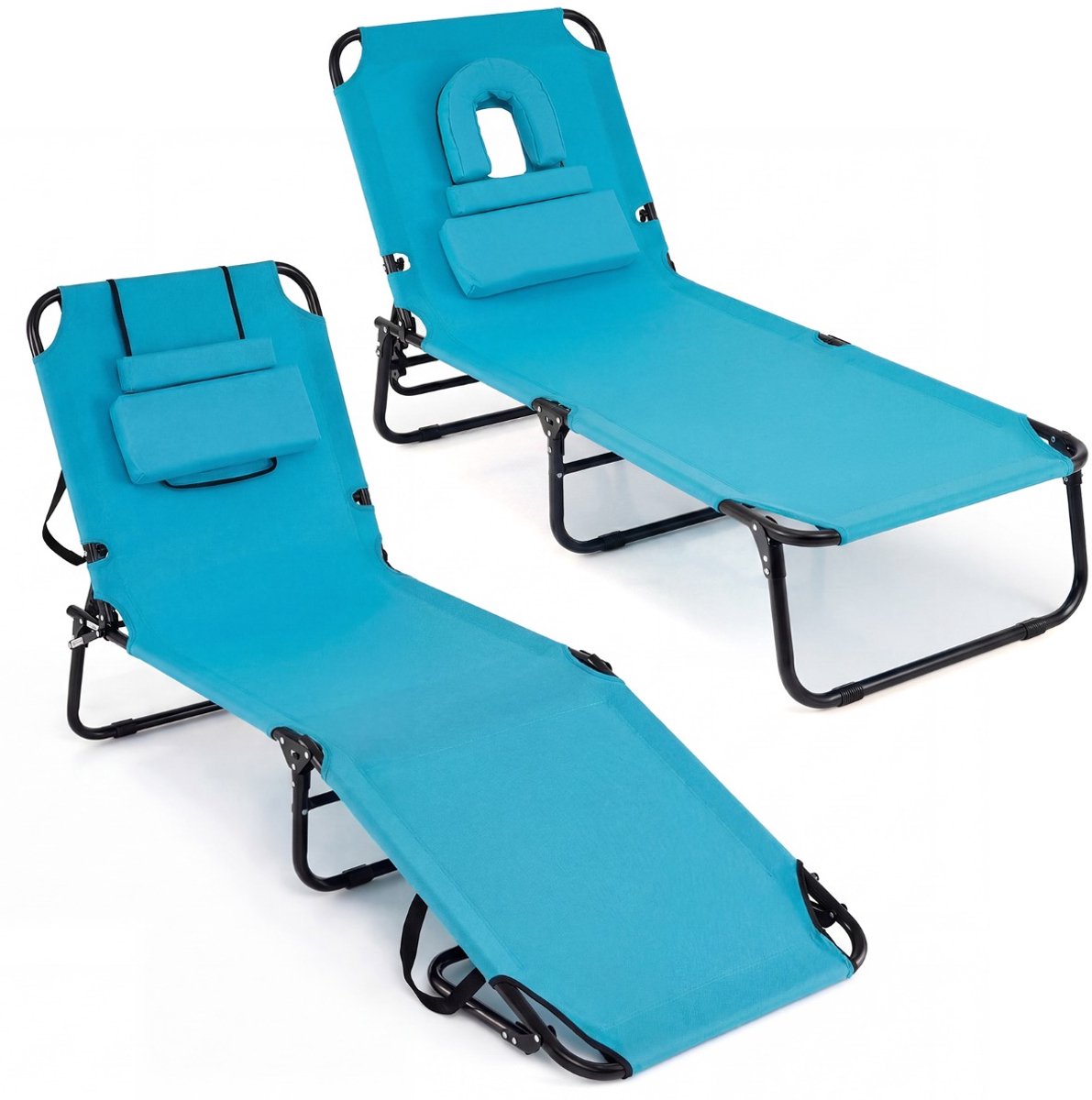 SureDeal® - Bedd - Opvouwbare Strandligstoel Tuinligstoel - Gezichtsopening - Afneembare Kussens - 165x194x64 cm - Turkoois