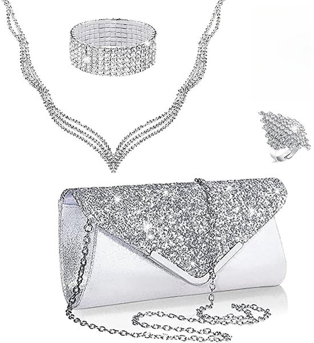 4-Delige Zilveren Strass Avondset | Clutch Tas + Ketting + Ring + armband voor bruiloft, feest, galadiner en promavond