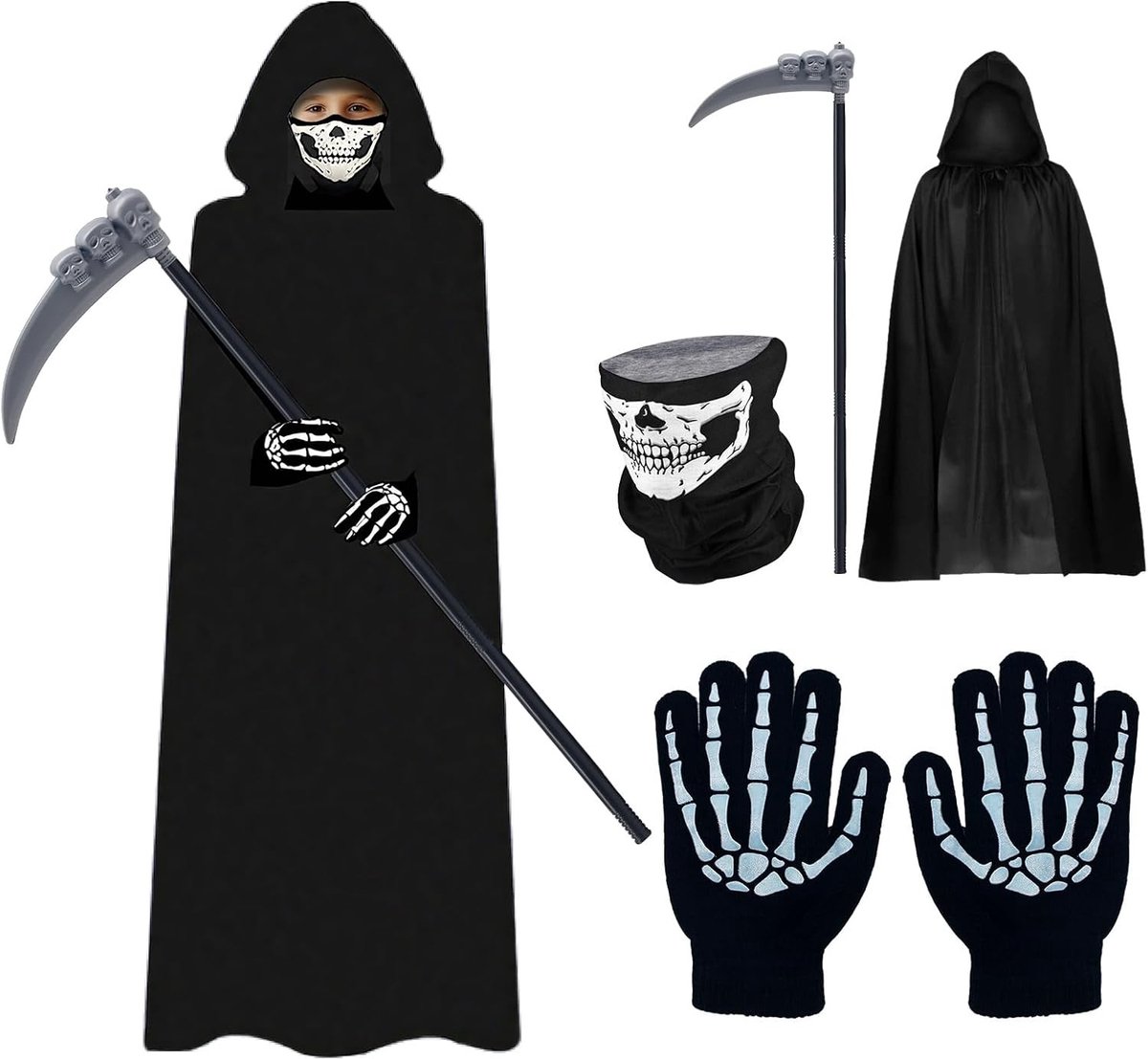 Halloween Kostuum met Kap, Zeis, Masker en Handschoenen voor Feesten, Cosplay en Carnaval, Geschikt voor Personen tot 160 cm