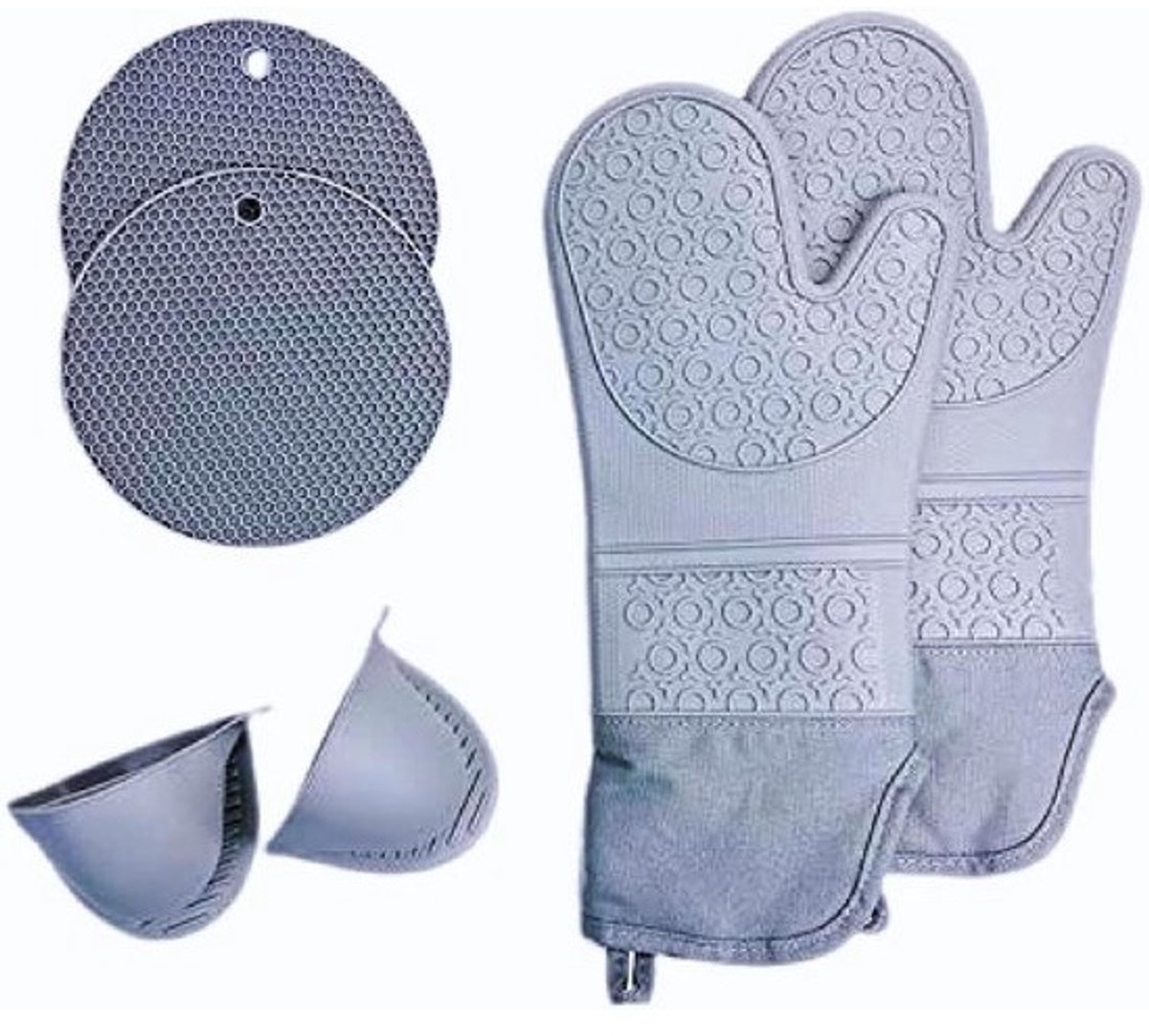 Ovenwanten Set - Keukenwanten Pannenlappen - Veilig Koken - Extra Lange Bescherming - 6 Delig - Grijs