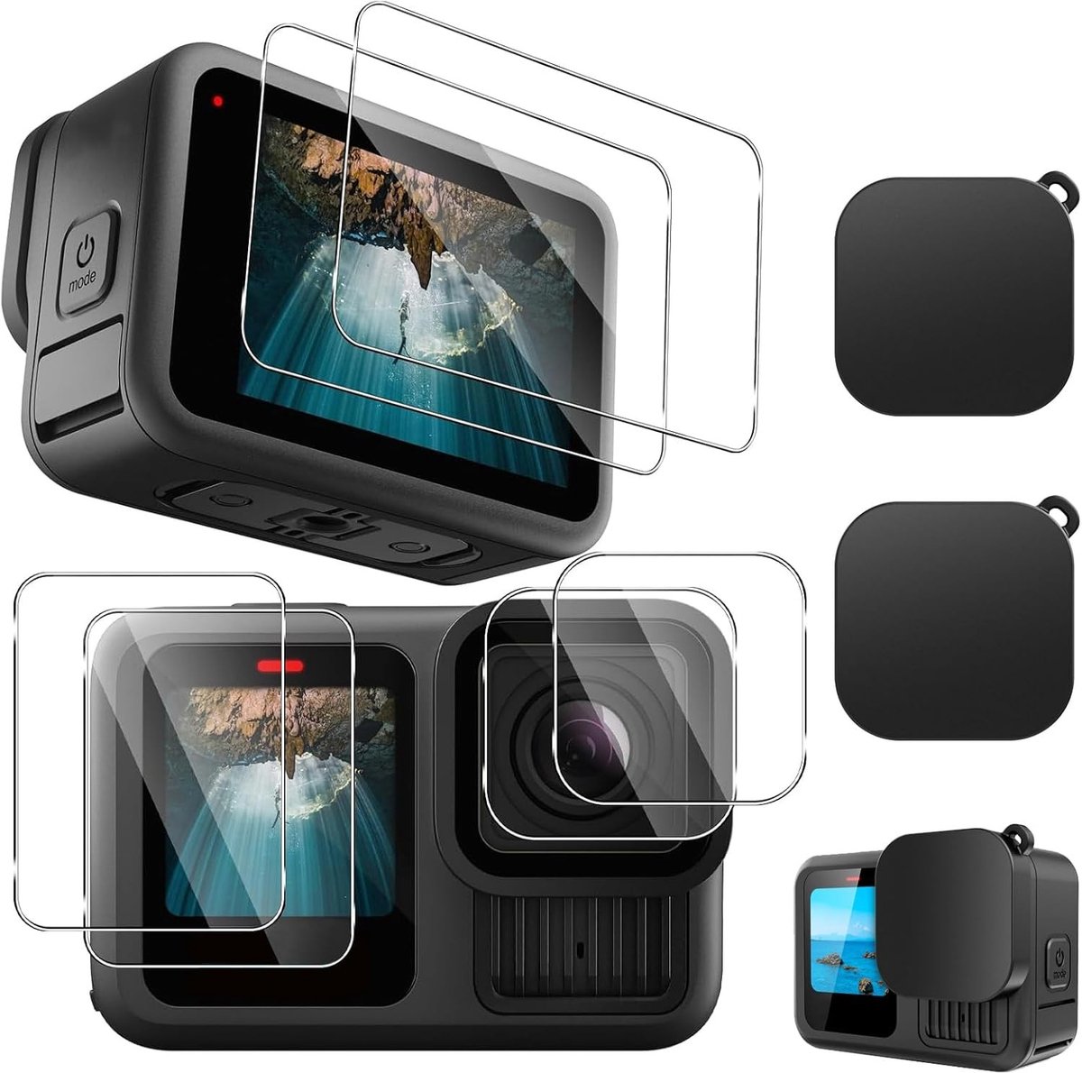 Set van Beschermfolie en Lensdoppen voor Actiecamera – 9H Gehard Glas Schermbescherming met 2 Lensdoppen voor Volledige Bescherming en Schadepreventie