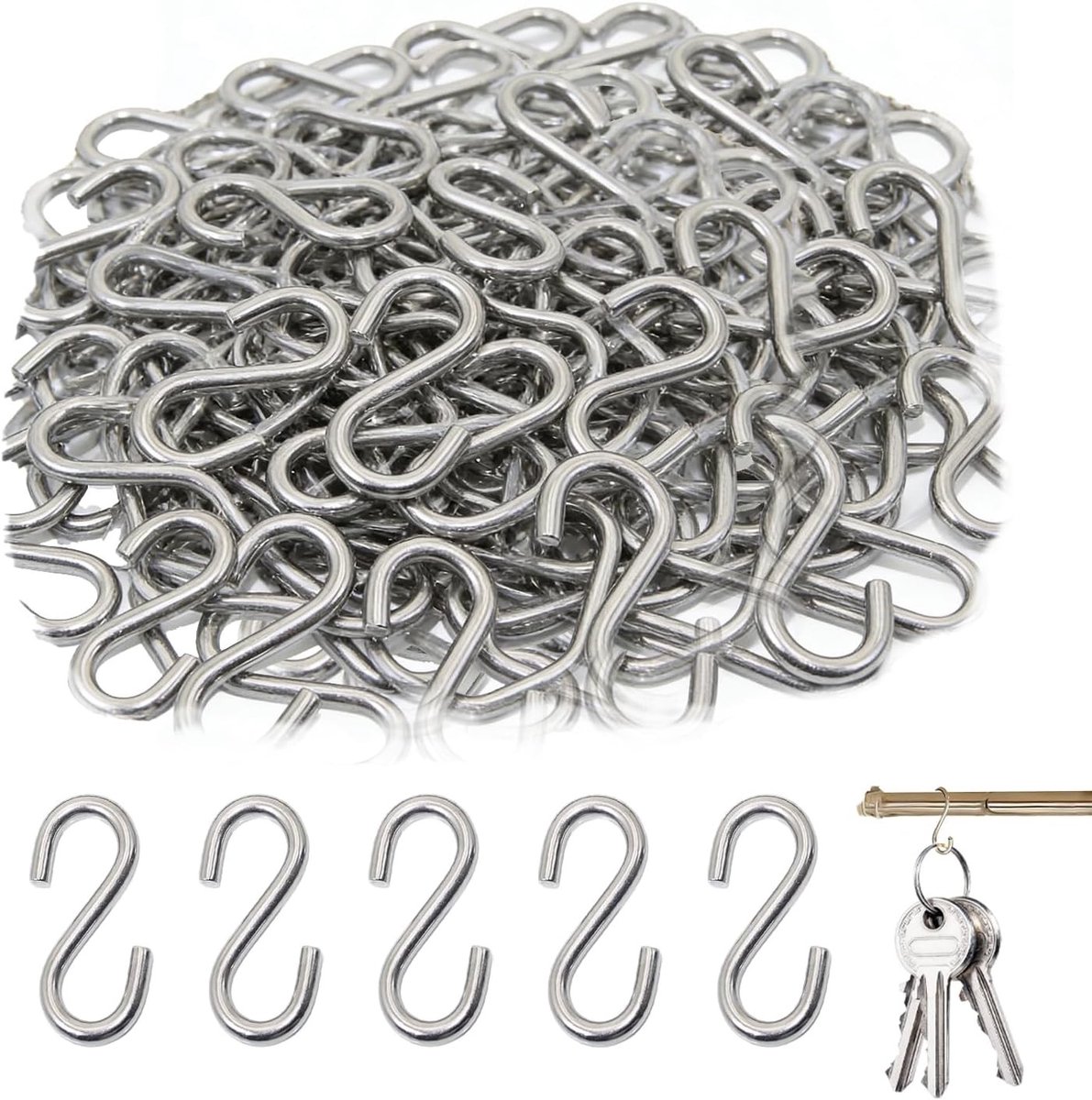 Multifunctionele RVS S-haakjes voor het Ophangen van Kleine Voorwerpen, Sieraden en Lichtgewicht Tassen, Afmetingen 33 x 7 x 2 mm, Perfect voor Kerstdecoratie, 100 Stuks