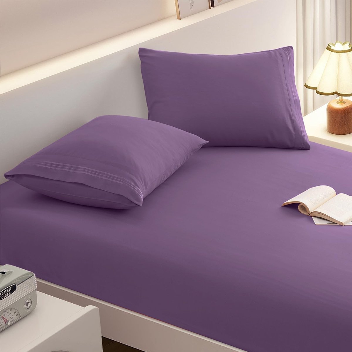 Volledige Fitted Sheet met 2 Hoofdkussens - Microfiber Set - Paars