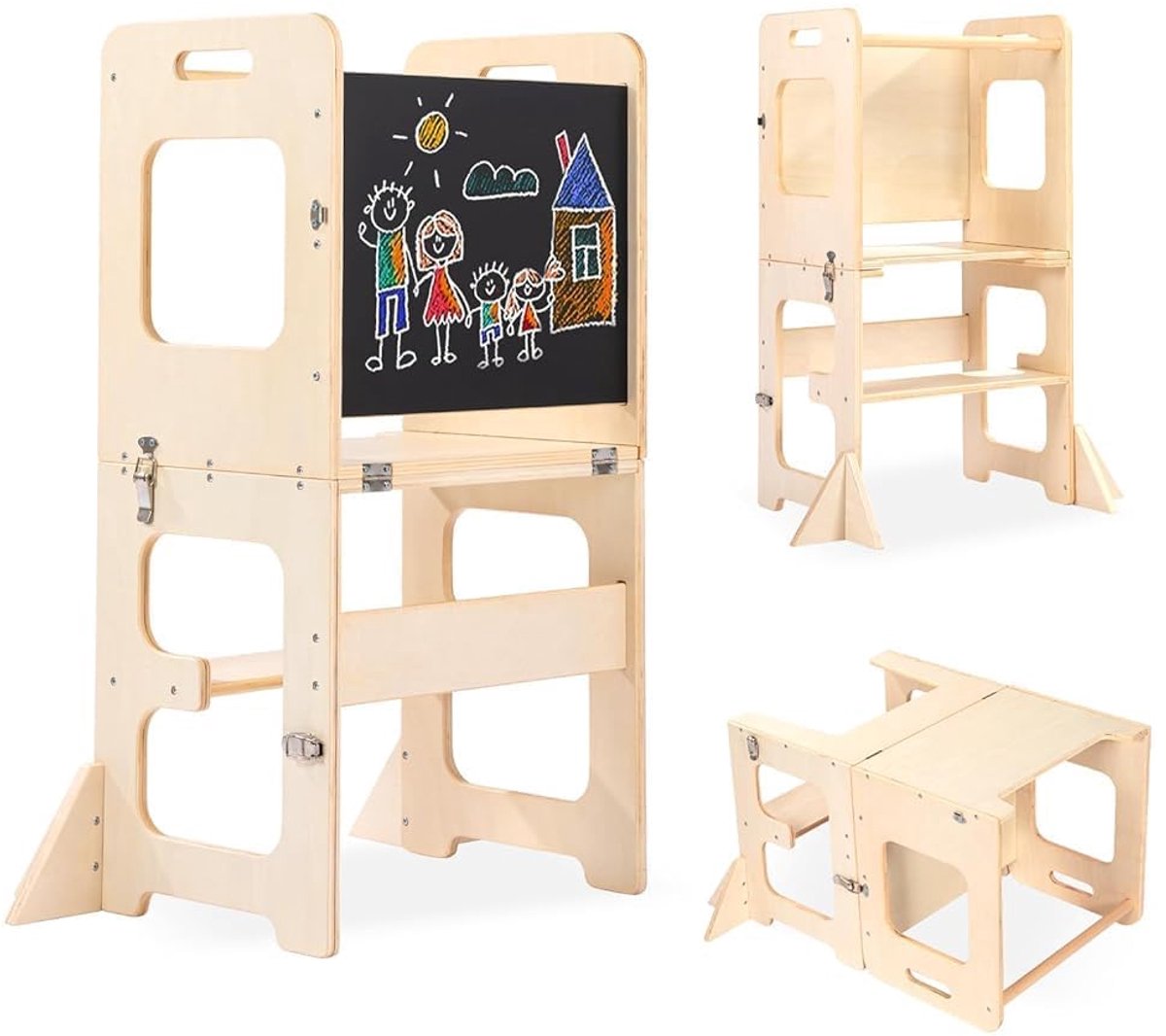 Leertoren Montessori 3-in-1 – Opvouwbaar – Houten Keukenhulp met Tafel en Stoel – Tot 50 kg