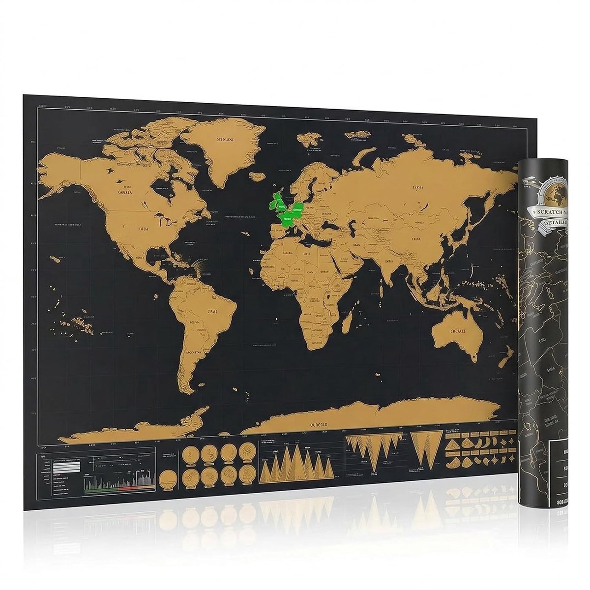 Rubbelkaart Wereldkaart met Opbergdoos - Decoratieve Landkaart voor Reizen, Cadeau en Avonturen in Zwart en Goud, 2x28cm