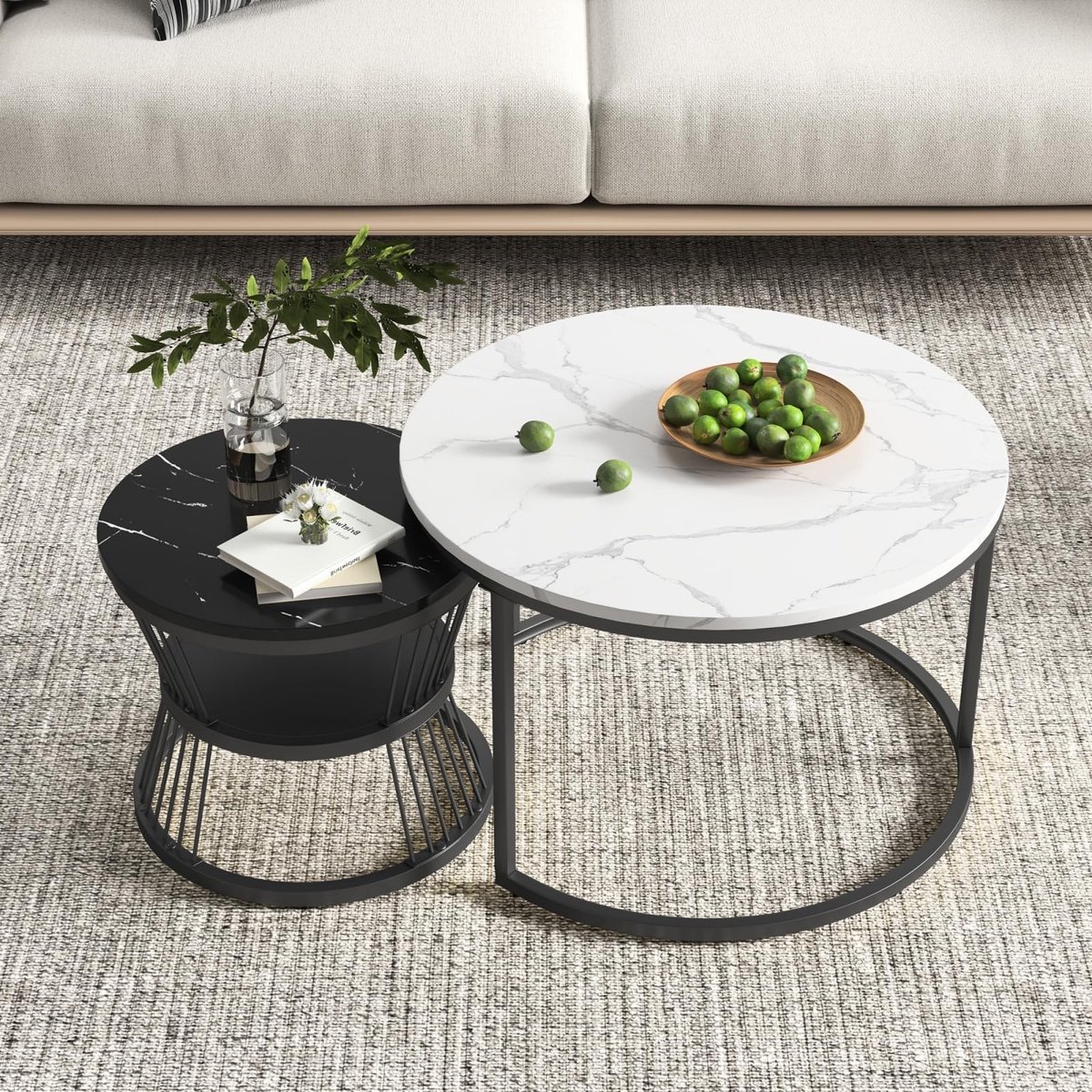 Set van 2 Uittrekbare Marmeren Tafel - Wit en Zwart