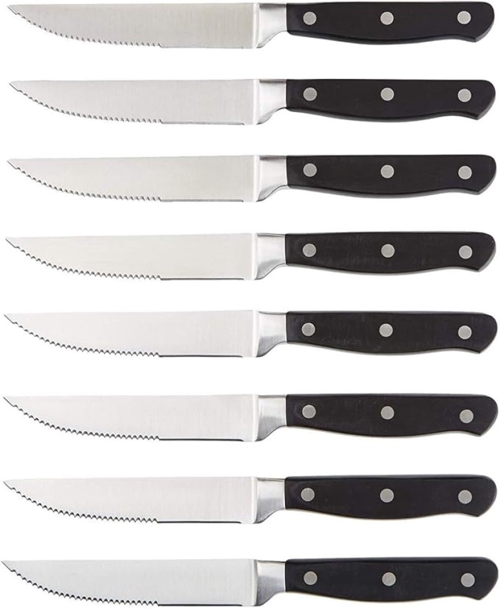 Steakmessenset 8-delig, roestvrij staal, zwarte handvatten, full-tang messen