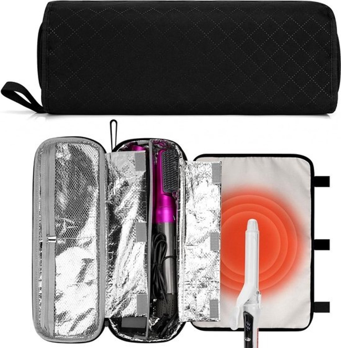 Krultang Opbergtas - Reisorganizer Haarstyling - Haargereedschap Opbergen - Hittebestendig Compartiment - 42cm x 17cm x 8cm - Zwart