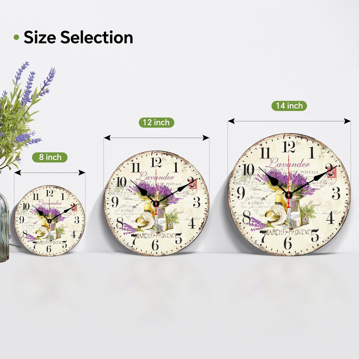 SnelShoppen - TAHEAT 20 cm Lavendel Muurklok, Vintage Keukenklok Zonder Tikgeluid voor Woonkamer, Slaapkamer, Badkamer, Landhuisstijl, Decoratie, Wand