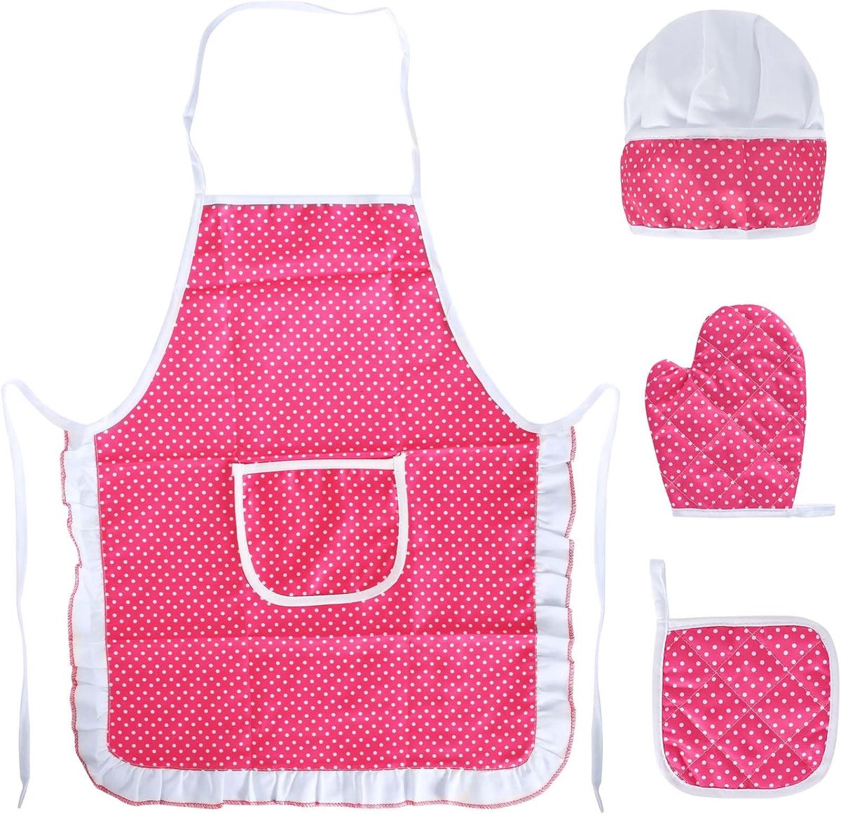 Kinderschort 100% katoen, kinderkookschort met zakken, kookmuts set incl, ovenwanten en hittebeschermingspads, elastische kookmuts, universeel schort voor koken, bakken, schilderen, 3-8 jaar